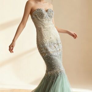 Terani Couture Strapless Beaded Dress in Cream and Green